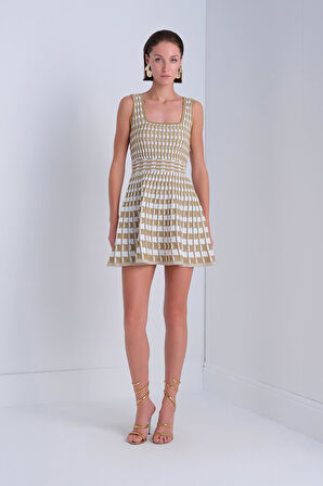 Kare Yaka Kloş Gold Mini Elbise