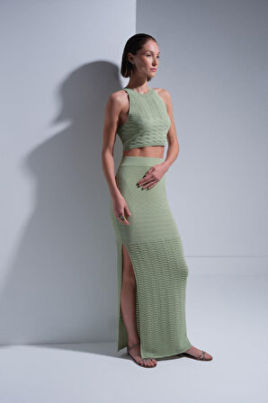 Kadın Beli Lastikli Maxi Etek - Yeşil | L