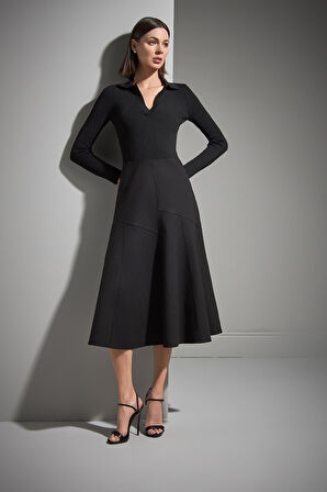 Polo Yaka Kumaş Etekli Siyah Triko Elbise