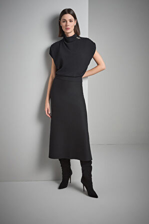 Beli Lastikli Volanlı Maxi Siyah Triko Etek