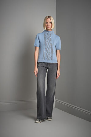 Dik Yaka Simli Mavi Triko Kazak