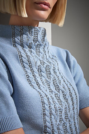 Dik Yaka Simli Mavi Triko Kazak