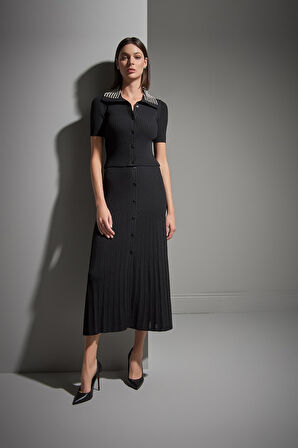 Süs Çıtçıt Detaylı Siyah Midi Triko Etek