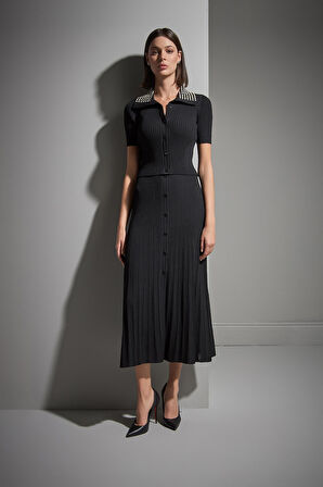 Süs Çıtçıt Detaylı Siyah Midi Triko Etek