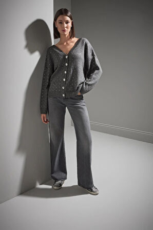 Join Us Kadın Önü ve Arkası V Yaka Düğmeli Triko Hırka W111 Gri