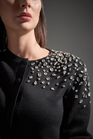 El İşi Taş İşlemeli Triko Hırka