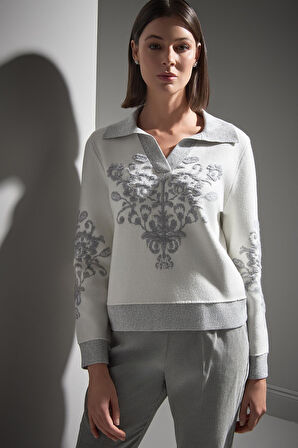 Polo Yaka Desenli Gri Triko Kazak