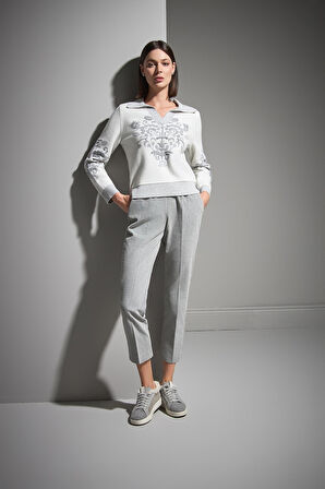 Polo Yaka Desenli Gri Triko Kazak