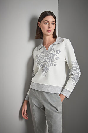 Polo Yaka Desenli Gri Triko Kazak