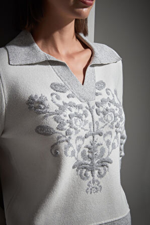 Polo Yaka Desenli Gri Triko Kazak