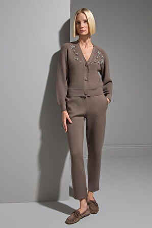 El İşi Taş İşlemeli  Kahverengi Triko Hırka