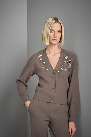 El İşi Taş İşlemeli  Kahverengi Triko Hırka