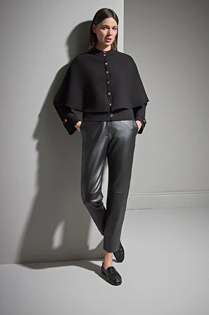 Join Us Kadın Pelerin Detaylı Gold Düğmeli Triko Ceket W089 Siyah