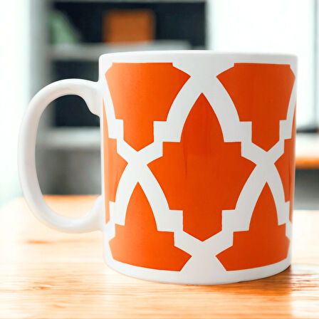 Turuncu Geometrik Desen Seramik Kupa Bardak