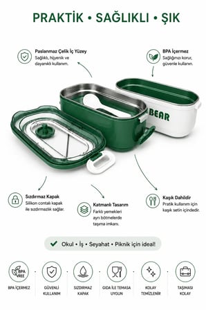 Yemek Taşıma Kabı 2 Katlı Cool Bear - Kaşıklı Sızdırmaz Lunch Box