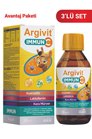 Immun C Şurup 3'lü Paket - Kara Mürver, C Vitamini, Çinko, Kuersetin, Laktoferrin Şurup 150 ml
