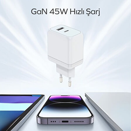 Woyax by Deji Gan 45W Type-C PD ve USB Süper Hızlı Şarj Aleti, 1.2M 60W-2A Type-C Şarj Kablosu