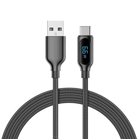 Woyax by Deji Dijital Göstergeli 1.2M PD 66W USB to Type-C Örgülü Hızlı Şarj ve Data Kablosu – Siyah