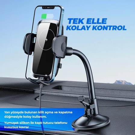 Woyax  Kablosuz Şarjlı Vantuzlu Araç İçi Telefon Tutucu 15W -Vakumlu Akrobat Araba Telefon Tutacağı