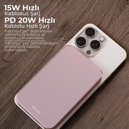 Woyax By Deji Magsafe Powerbank 5000 Mah 20w Hızlı Taşınabilir Batarya iPhone 12 13 14 15 16 17 Pro Max Mini - Pembe