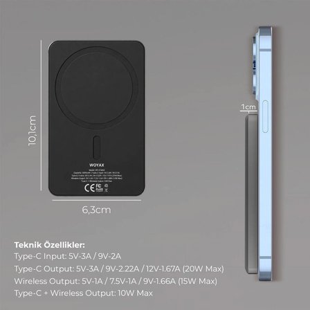 Woyax By Deji Magsafe Powerbank 5000 Mah 20w Hızlı Taşınabilir Batarya iPhone 12 13 14 15 16 17 Pro Max Mini - Siyah