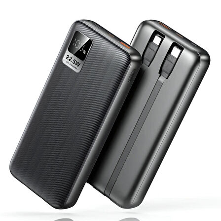 Dahili Type-C ve iPhone Kablolu 10000mAh Powerbank 22.5W Hızlı Led Ekranlı Taşınabilir Şarj Cihazı