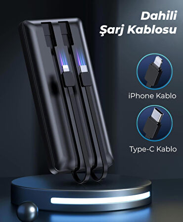 Dahili Type-C ve iPhone Kablolu 10000mAh Powerbank 22.5W Hızlı Led Ekranlı Taşınabilir Şarj Cihazı