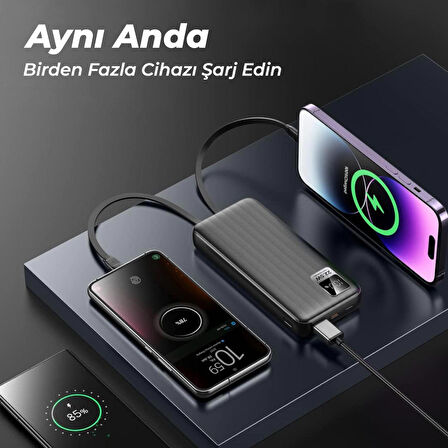 Dahili Type-C ve iPhone Kablolu 10000mAh Powerbank 22.5W Hızlı Led Ekranlı Taşınabilir Şarj Cihazı