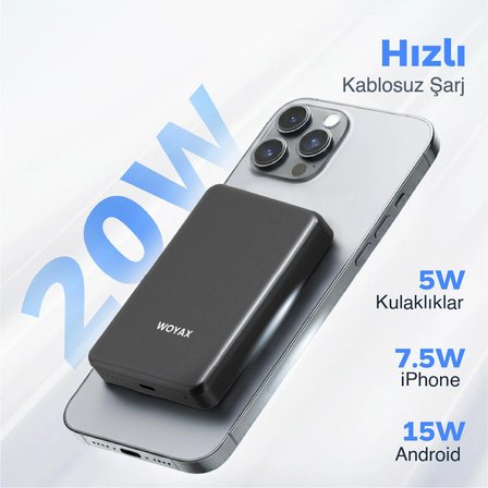 Woyax All In Magsafe Powerbank 10.000mAh 20W Hızlı Taşınabilir Şarj Cihazı Saat Kulaklık iPhone 11 12 13 14 15 16 17 Pro Max Android Samsung Xiaomi