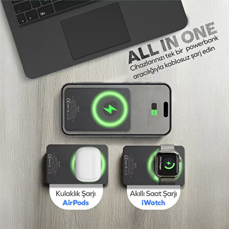 Woyax All In Magsafe Powerbank 10.000mAh 20W Hızlı Taşınabilir Şarj Cihazı Saat Kulaklık iPhone Android