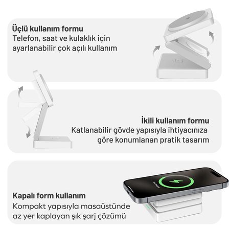 Woyax QI2 Kablosuz Şarj Standı Katlanabilir iPhone-iWatch-AirPods Uyumlu 15W Hızlı Telefon Kulaklık Saat Wireless