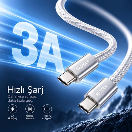 Woyax Samsung Xiaomi Oppo Reeder Huawei Için Örgülü Type C To Type C Hızlı Şarj Kablosu Beyaz 1,2m