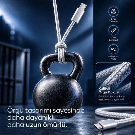 Woyax Samsung Xiaomi Oppo Reeder Huawei Için Örgülü Type C To Type C Hızlı Şarj Kablosu Beyaz 1,2m