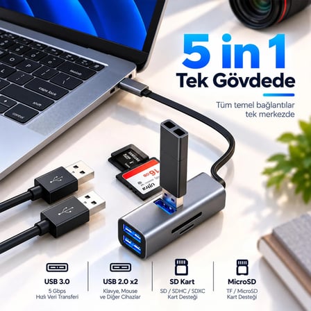 Woyax 5 in 1 Type-C USB Hub Çoklayıcı Dönüştürücü Converter USB 3.0 2x USB 2.0 SD MicroSD TF Kart Okuyucu MacBook Laptop ve Tablet Uyumlu