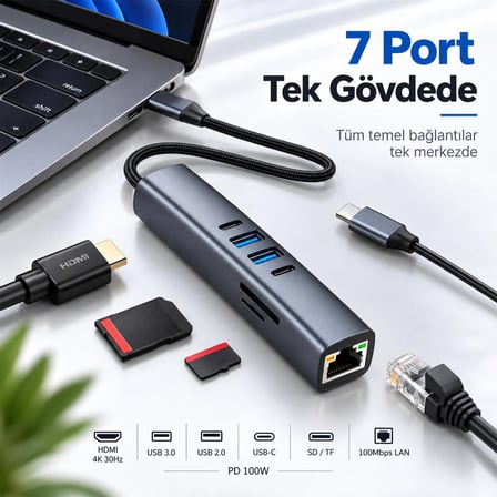 Woyax 7 in 1 Type-C USB Hub Çoklayıcı Dönüştürücü Converter 4K 30Hz HDMI 100W PD USB 3.0 USB 2.0 USB-C SD/TF Kart Okuyucu 100 Mbps Ethernet MacBook Laptop Tablet