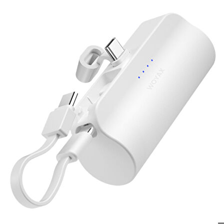 Type-C Soketli Mini Powerbank 5000mAh 2 Type-C Port Dahili Kablolu Taşınabilir Şarj Cihazı Beyaz