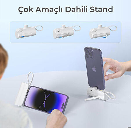 Type-C Soketli Mini Powerbank 5000mAh 2 Type-C Port Dahili Kablolu Taşınabilir Şarj Cihazı Beyaz
