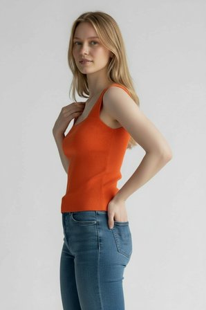 Kadın Bluz Kare Yaka Geniş Askılı Turuncu Atlet Yazlık Likralı Body