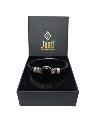 JTAW25BLK1611 HAKİKİ DERİ ZİRKON TAŞLI ALAŞIMLI METAL ONYX DOĞALTAŞLI MIKNATIS KAPAMA SİYAH GARANTİLİ HEDİYE KUTULU JANTİ BİLEKLİK