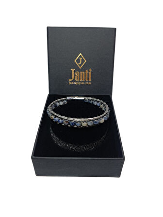 JTAW25BLK1612 PASLANMAZ ÇELİK SODALİT ve HEMATİT DOĞALTAŞ MIKNATIS KAPAMA MAVİ-GRİ GARANTİLİ HEDİYE KUTULU JANTİ BİLEKLİK