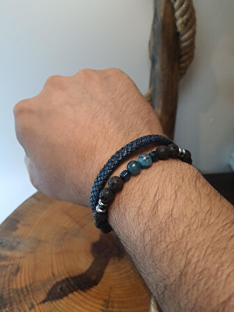 JTAW25BLK1616 HAKİKİ DERİ MIKNATIS KAPAMA AKİK - LAV ve HEMATİT DOĞALTAŞ SİYAH-MAVİ GARANTİLİ HEDİYE KUTULU JANTİ BİLEKLİK