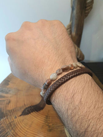 JTAW25BLK1618 HAKİKİ DERİ MIKNATIS KAPAMA GÜNEŞ TAŞI ve HEMATİT DOĞALTAŞ A.KAHVE GARANTİLİ HEDİYE KUTULU JANTİ BİLEKLİK