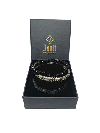 JTAW25BLK1619 HAKİKİ DERİ MIKNATIS KAPAMA ONYX ve HEMATİT DOĞALTAŞ SİYAH - GRİ GARANTİLİ HEDİYE KUTULU JANTİ BİLEKLİK