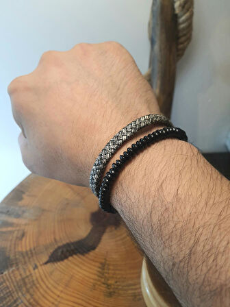 JTAW25BLK1619 HAKİKİ DERİ MIKNATIS KAPAMA ONYX ve HEMATİT DOĞALTAŞ SİYAH - GRİ GARANTİLİ HEDİYE KUTULU JANTİ BİLEKLİK