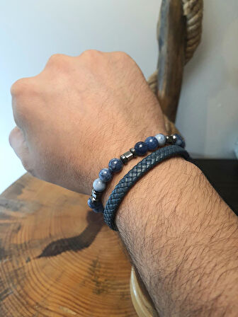 JTAW25BLK1620 HAKİKİ DERİ MIKNATIS KAPAMA DAMARLI AKİK ve HEMATİT DOĞALTAŞ MAVİ GARANTİLİ HEDİYE KUTULU JANTİ BİLEKLİK