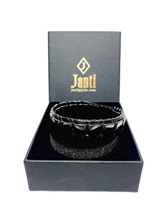 JTAW25BLK1634 HAKİKİ DERİ MIKNATIS KAPAMA PASLANMAZ ÇELİK HEMATİT DOĞALTAŞ SİYAH GRİ GARANTİLİ HEDİYE KUTULU JANTİ BİLEKLİK