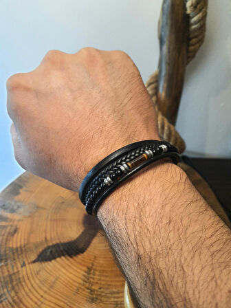 JTAW25BLK1635 HAKİKİ DERİ MIKNATIS KAPAMA KAPLANGÖZÜ ve HEMATİT DOĞALTAŞ SİYAH GARANTİLİ HEDİYE KUTULU JANTİ BİLEKLİK