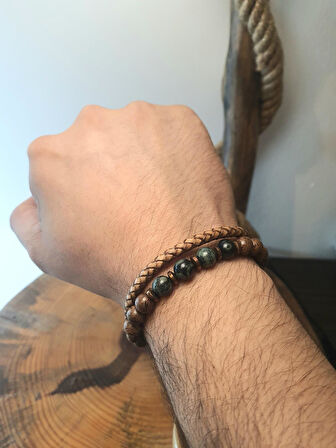 JTAW25BLK1639 HAKİKİ DERİ PASLANMAZ ÇELİK KAPAMA MAZI AĞACI SERPANTİN ve HEMATİT DOĞALTAŞ BEJ GARANTİLİ HEDİYE KUTULU JANTİ BİLEKLİK