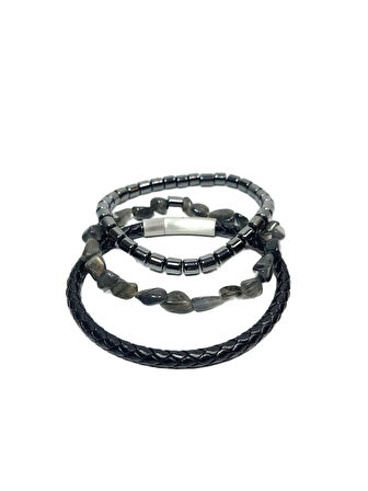 JTAW25BLK1640 HAKİKİ DERİ PASLANMAZ ÇELİK KAPAMA LABRODORİT DOĞALTAŞ ve HEMATİT DOĞALTAŞ SİYAH GRİ GARANTİLİ HEDİYE KUTULU JANTİ BİLEKLİK