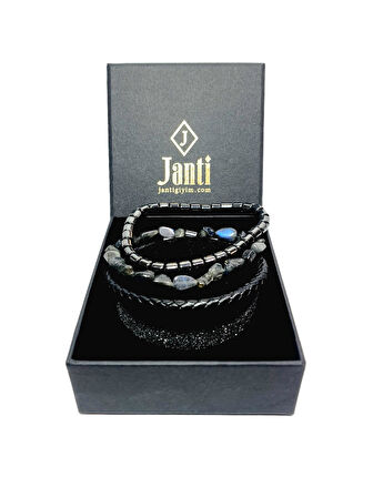 JTAW25BLK1640 HAKİKİ DERİ PASLANMAZ ÇELİK KAPAMA LABRODORİT DOĞALTAŞ ve HEMATİT DOĞALTAŞ SİYAH GRİ GARANTİLİ HEDİYE KUTULU JANTİ BİLEKLİK